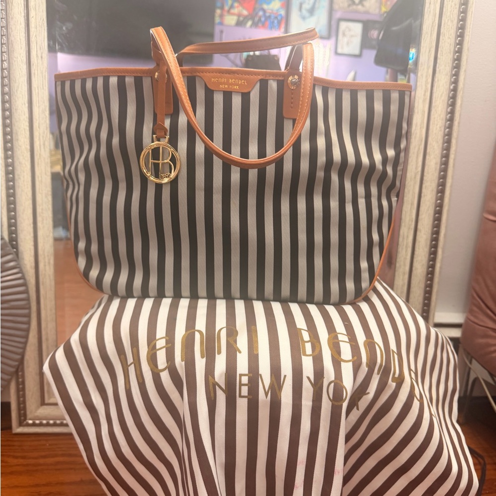 henri bendel Black and White Striped Tote with Tan Trim